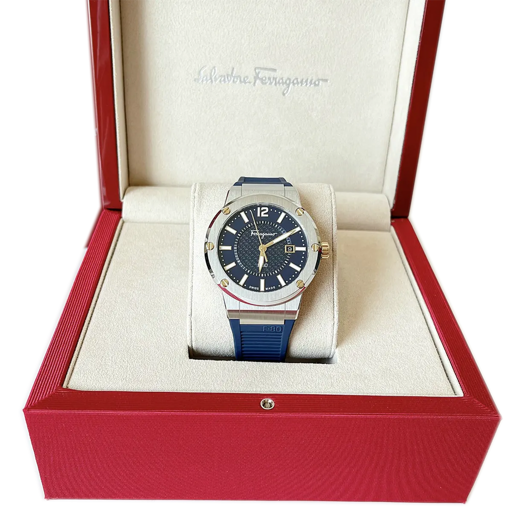 Salvatore Ferragamo F-80 Blue Dial Blue Rubber Strap Watch For Men - SFHY01122