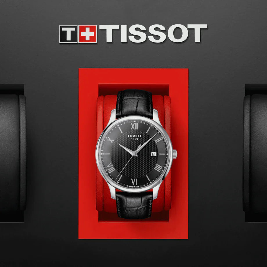 Tissot T Classic Tradition Quartz Black Dial Black Leather Strap Watch For Men - T063.610.16.058.00