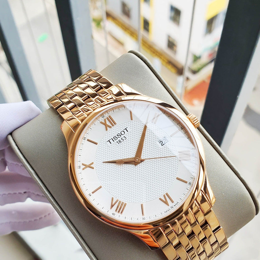 Tissot T Classic Tradition White Dial Rose Gold Steel Strap Watch For Women - T063.610.33.038.00