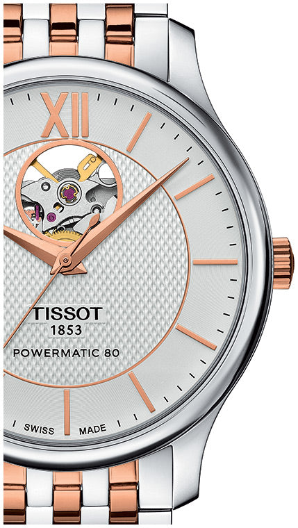 Tissot Tradition Powermatic 80 Open Heart Silver Dial Two Tone Steel Strap Watch For Men - T063.907.22.038.01
