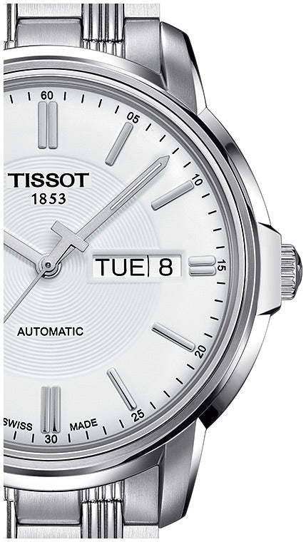 Tissot Automatics III Day Date White Dial Silver Steel Strap Watch For Men - T065.430.11.031.00