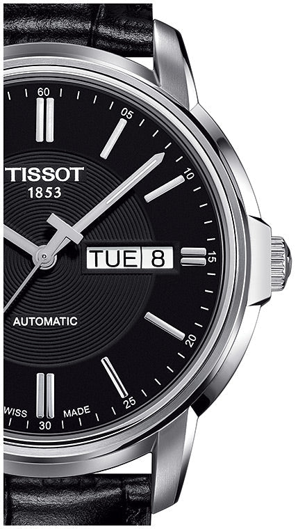 Tissot Automatics III Day Date Black Dial Black Leather Strap Watch For Men - T065.430.16.051.00