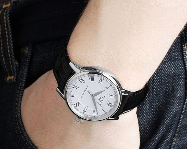 Tissot Carson Powermatic 80 White Dial Black Leather Strap Watch For Men - T085.407.16.013.00