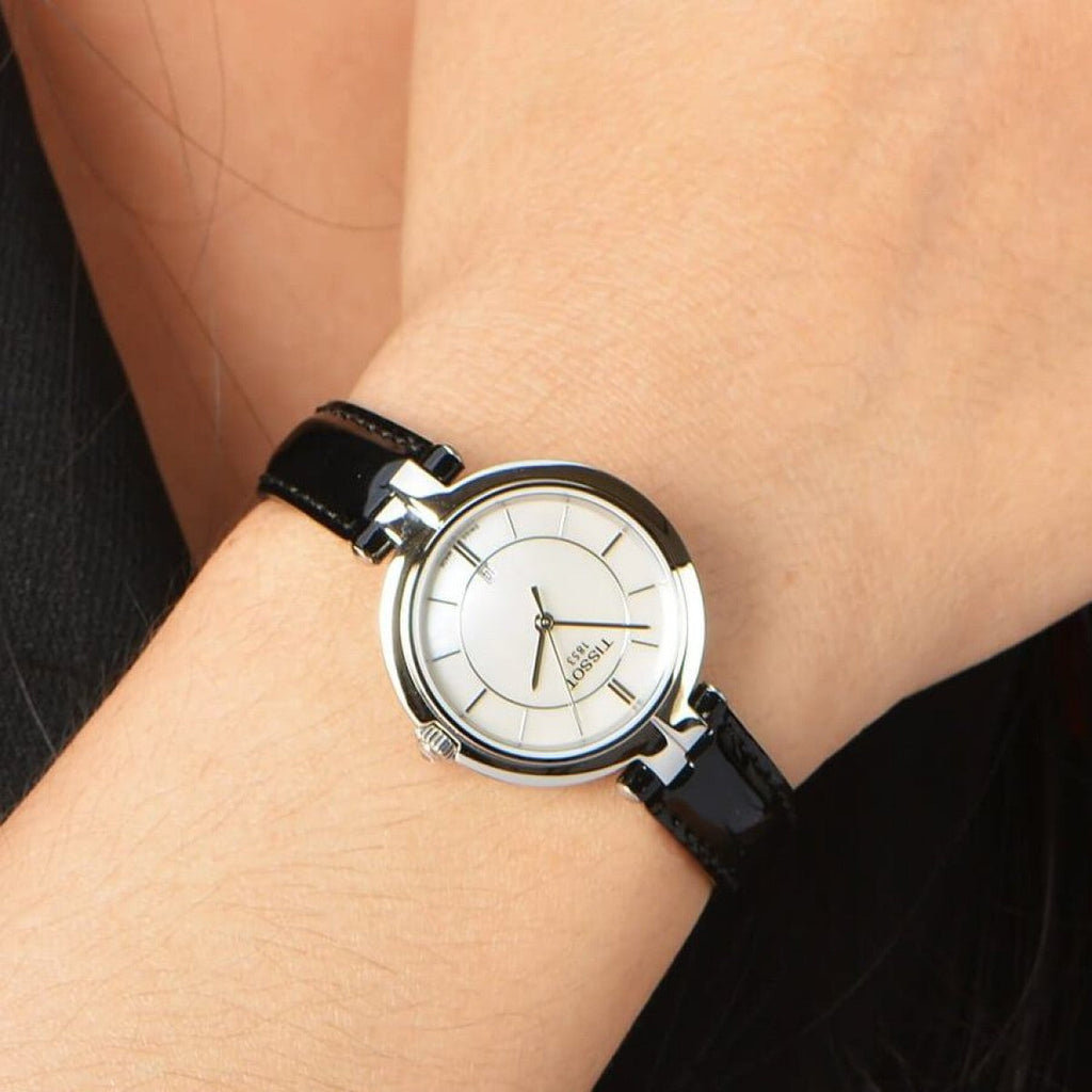 Tissot T Lady Flamingo Mother of Pearl White Dial Black Leather Strap Watch for Women - T094.210.16.111.00