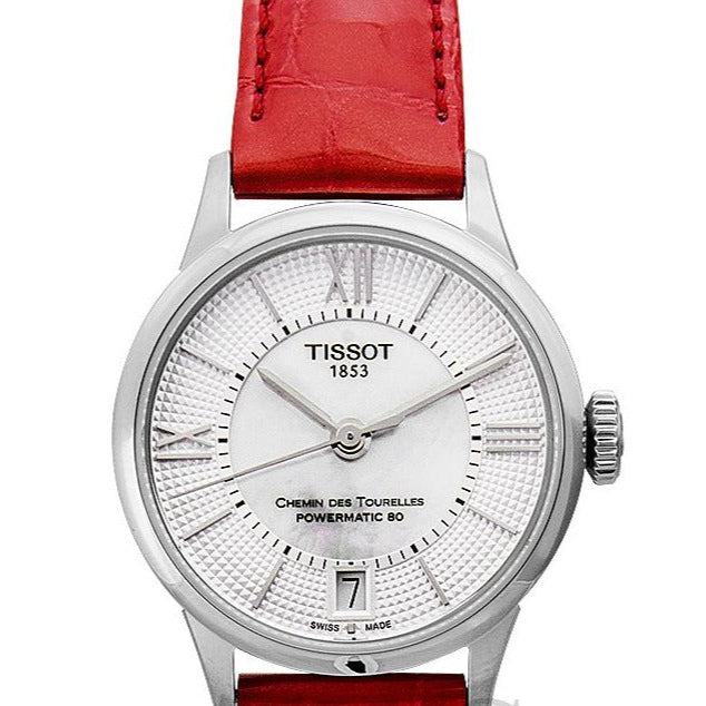 Tissot Chemin Des Tourelles Automatic Mother of Pearl White Dial Red Leather Strap Watch For Women - T099.207.16.118.00