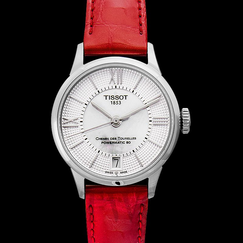 Tissot Chemin Des Tourelles Automatic Mother of Pearl White Dial Red Leather Strap Watch For Women - T099.207.16.118.00