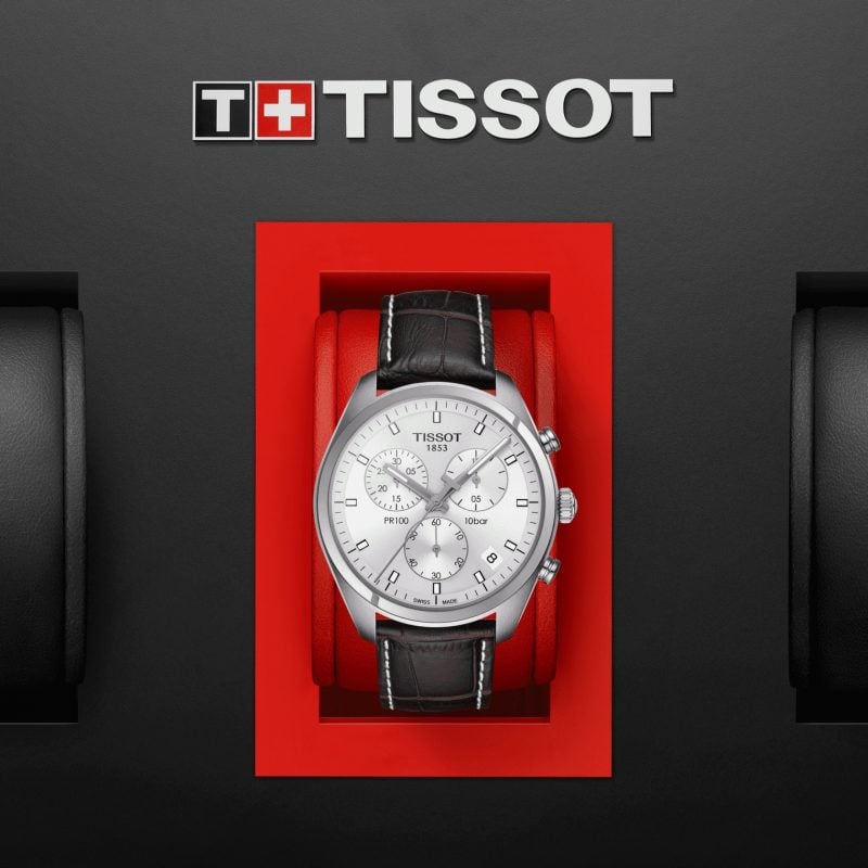 Tissot PR 100 Chronograph Silver Dial Brown Leather Strap Watch for Men - T101.417.16.031.00