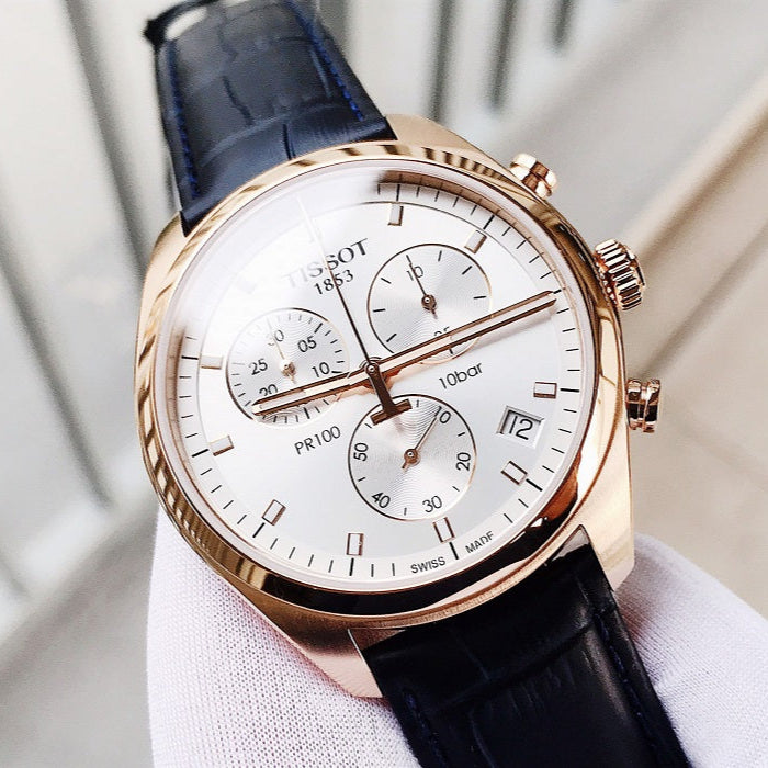 Tissot T Classic PR 100 Chronograph Silver Dial Black Leather Strap Watch for Men - T101.417.36.031.00