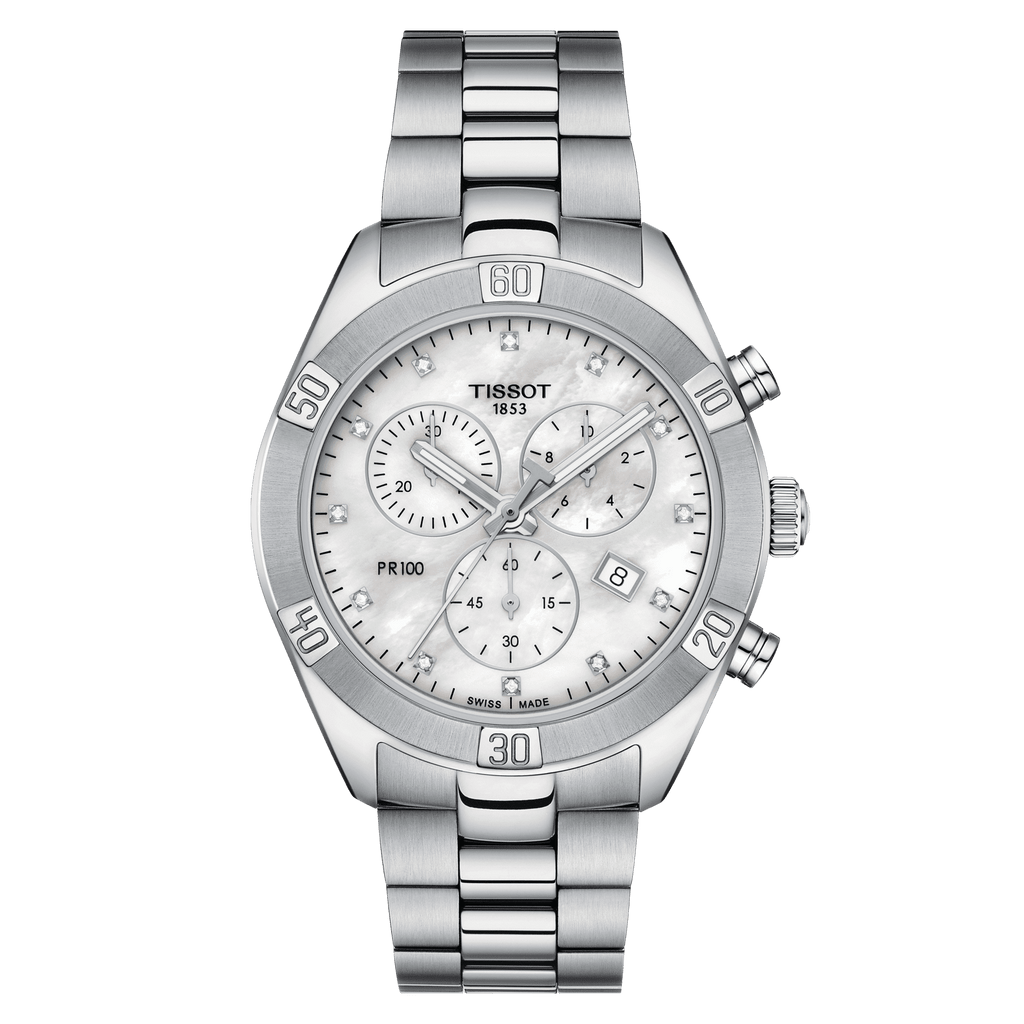 Tissot PR 100 Sport Chic Chronograph Diamonds Mother of Pearl Dial Silver Steel Strap Watch for Women - T101.917.11.116.00