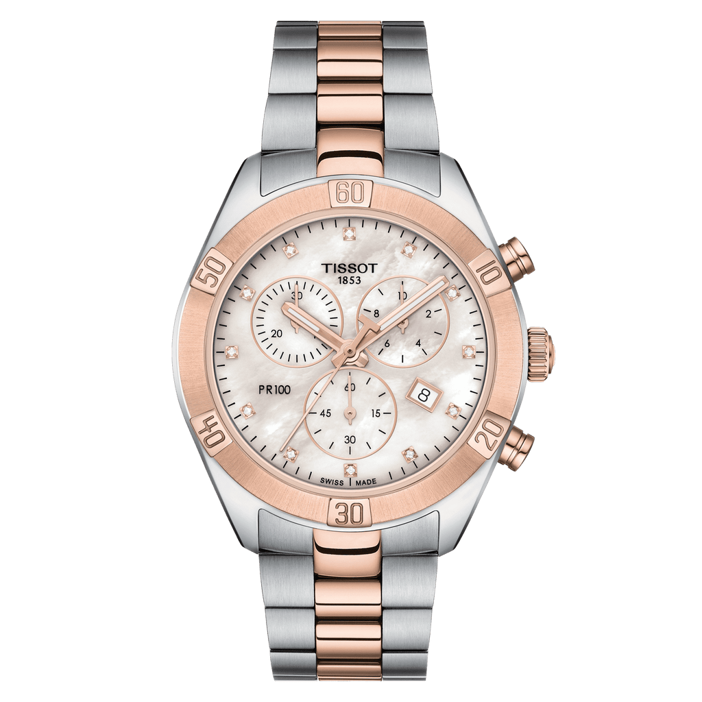 Tissot PR 100 Sport Chic Chronograph Diamonds Mother of Pearl Dial Two Tone Steel Strap Watch for Women - T101.917.22.116.00