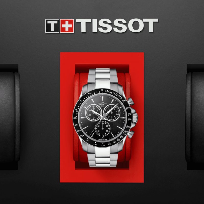 Tissot V8 Quartz Chronograph Black Dial Silver Steel Strap Watch For Men - T106.417.11.051.00