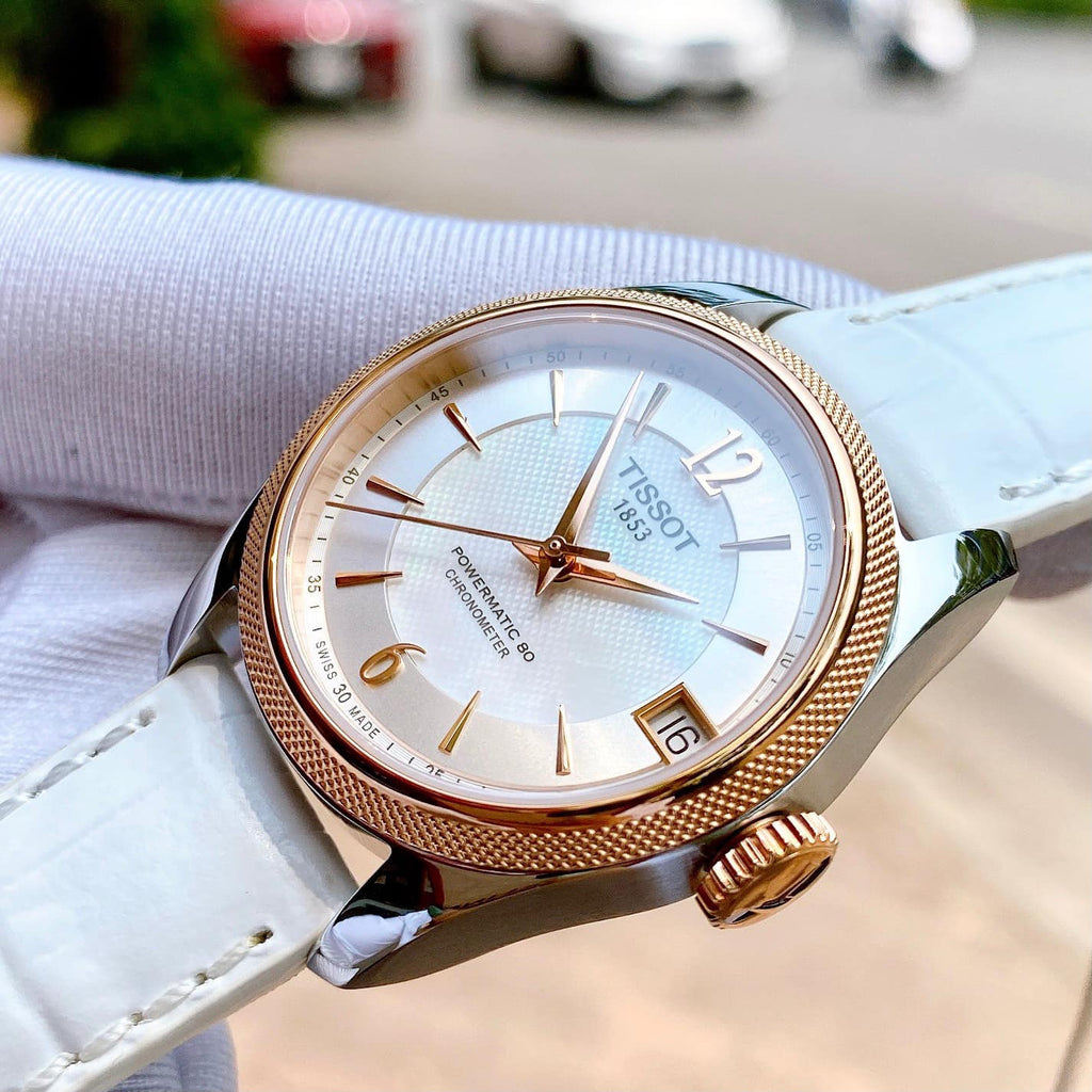 Tissot T-Classic Powermatic 80 Mother of Pearl Silver Dial White Leather Strap Watch For Women - T108.208.26.117.00