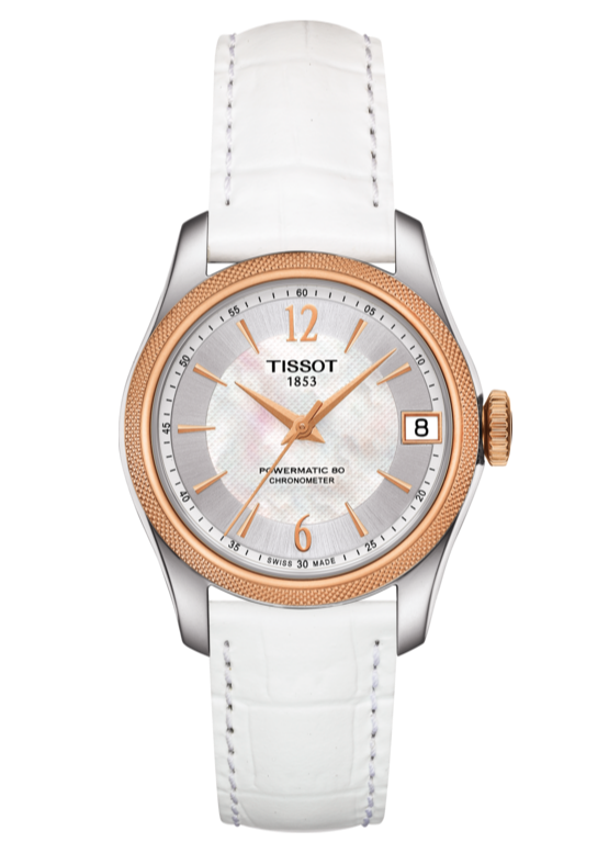 Tissot T-Classic Powermatic 80 Mother of Pearl Silver Dial White Leather Strap Watch For Women - T108.208.26.117.00