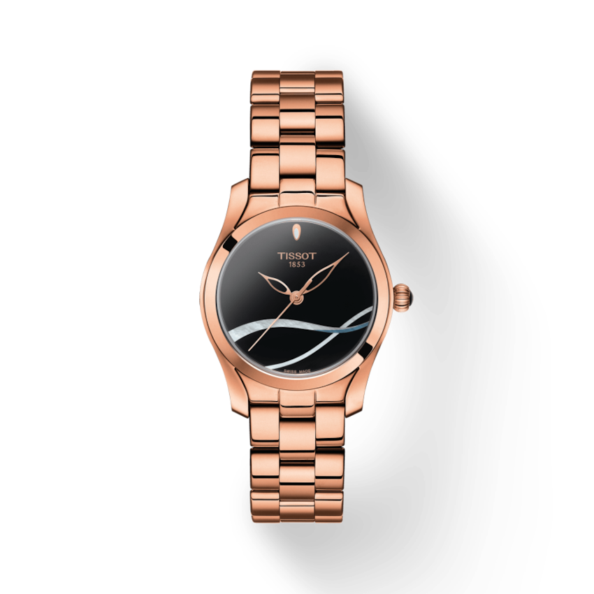 Tissot T Wave Black Dial Rose Gold Steel Strap Watch For Women - T112.210.33.051.00