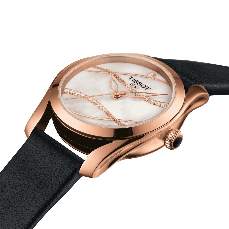 Tissot T Wave Diamond Mother of Pearl Dial Black Leather Strap Watch For Women - T112.210.36.111.00