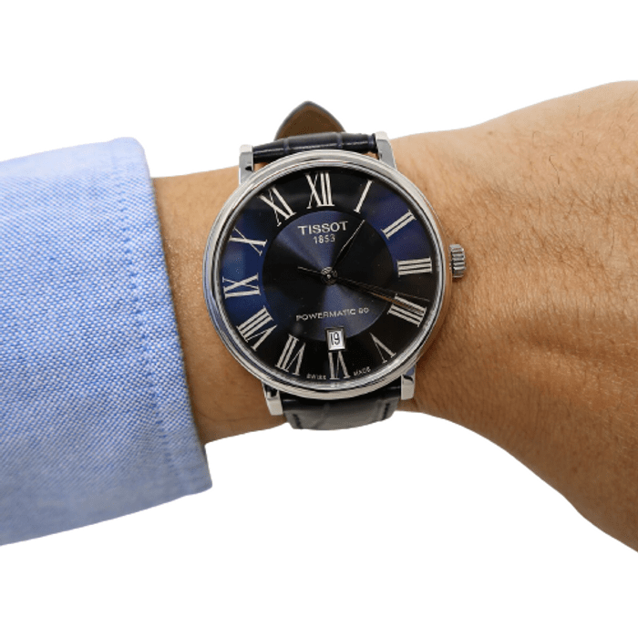 Tissot Carson Premium Powermatic 80 Blue Dial Blue Leather Strap Watch For Men - T122.407.16.043.00