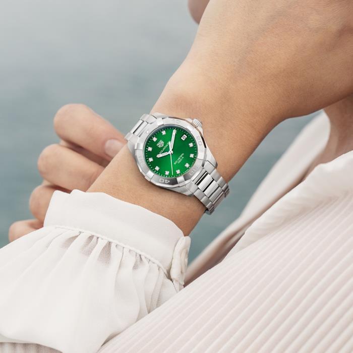 Tag Heuer Aquaracer Diamonds Emerald Green Dial Silver Steel Strap Watch for Women - WBD1316.BA0740