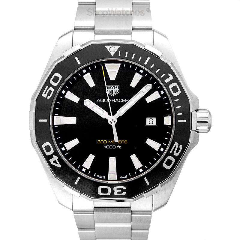 Tag Heuer Aquaracer Quartz Black Dial Silver Steel Strap Watch for Men - WAY101A.BA0746