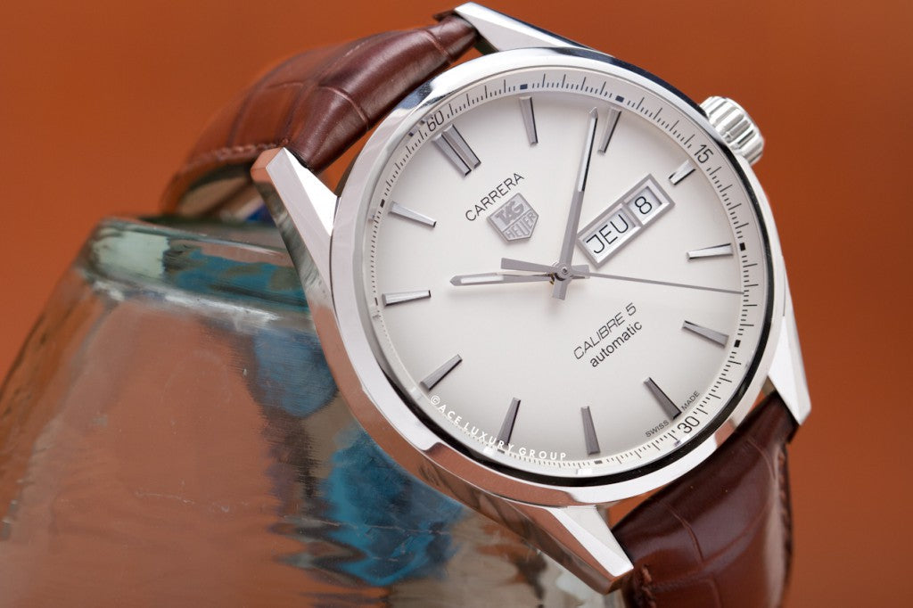 Tag Heuer Carrera Calibre 5 Automatic White Dial Brown Leather Strap Watch for Men - WAR201B.FC6291