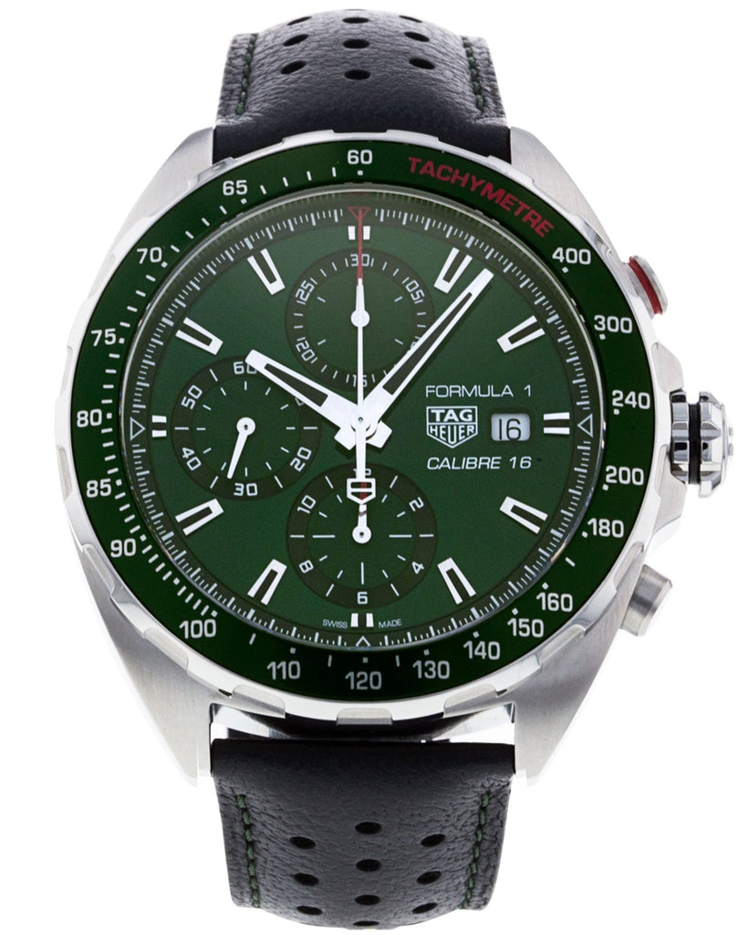 Tag Heuer Formula 1 Calibre 16 Automatic Chronograph Green Dial Black Leather Strap Watch for Men - CAZ2016.FC6473