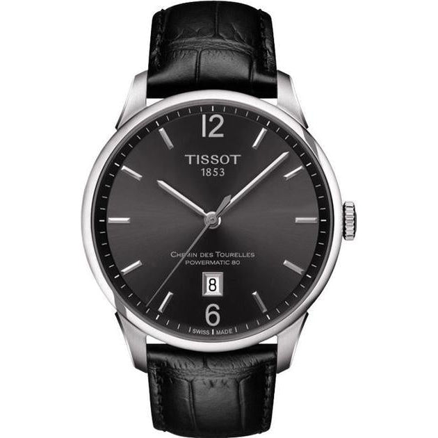Tissot Chemin Des Tourelles Powermatic 80 Black Dial Black Leather Strap Watch For Men - T099.407.16.447.00