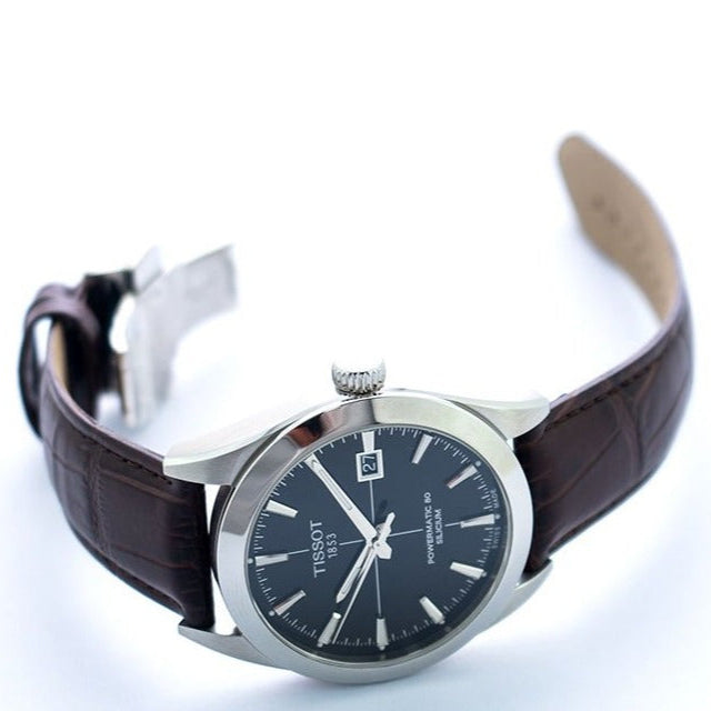 Tissot Gentleman Powermatic 80 Silicium Black Dial Brown Leather Strap Watch For Men - T127.407.16.051.01