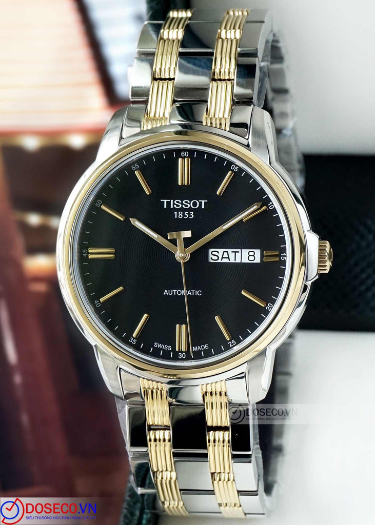 Tissot Automatics III Day Date Black Dial Two Tone Steel Strap Watch For Men - T065.430.22.051.00
