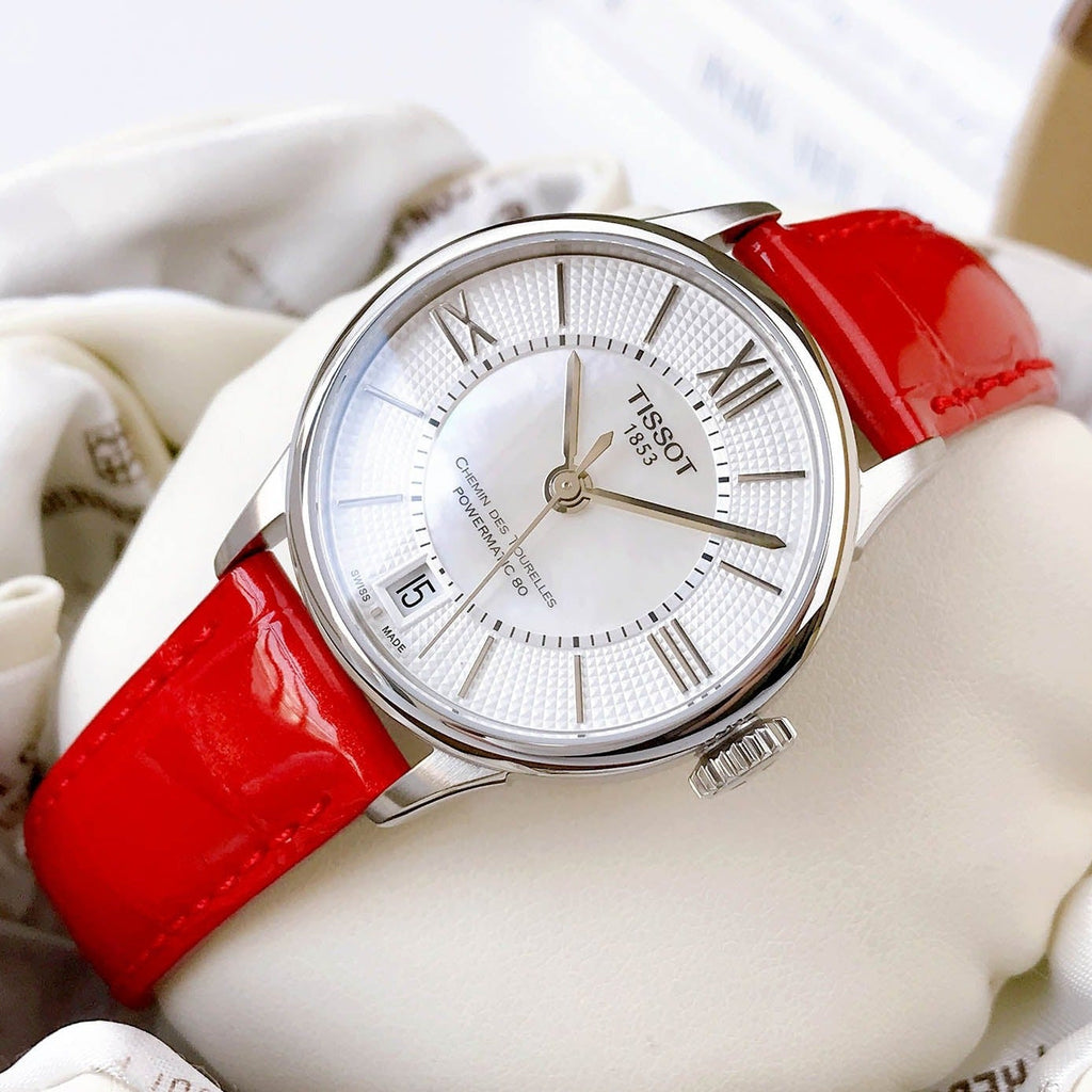 Tissot Chemin Des Tourelles Powermatic 80 Mother of Pearl White Dial Red Leather Strap Watch For Women - T099.207.16.118.00