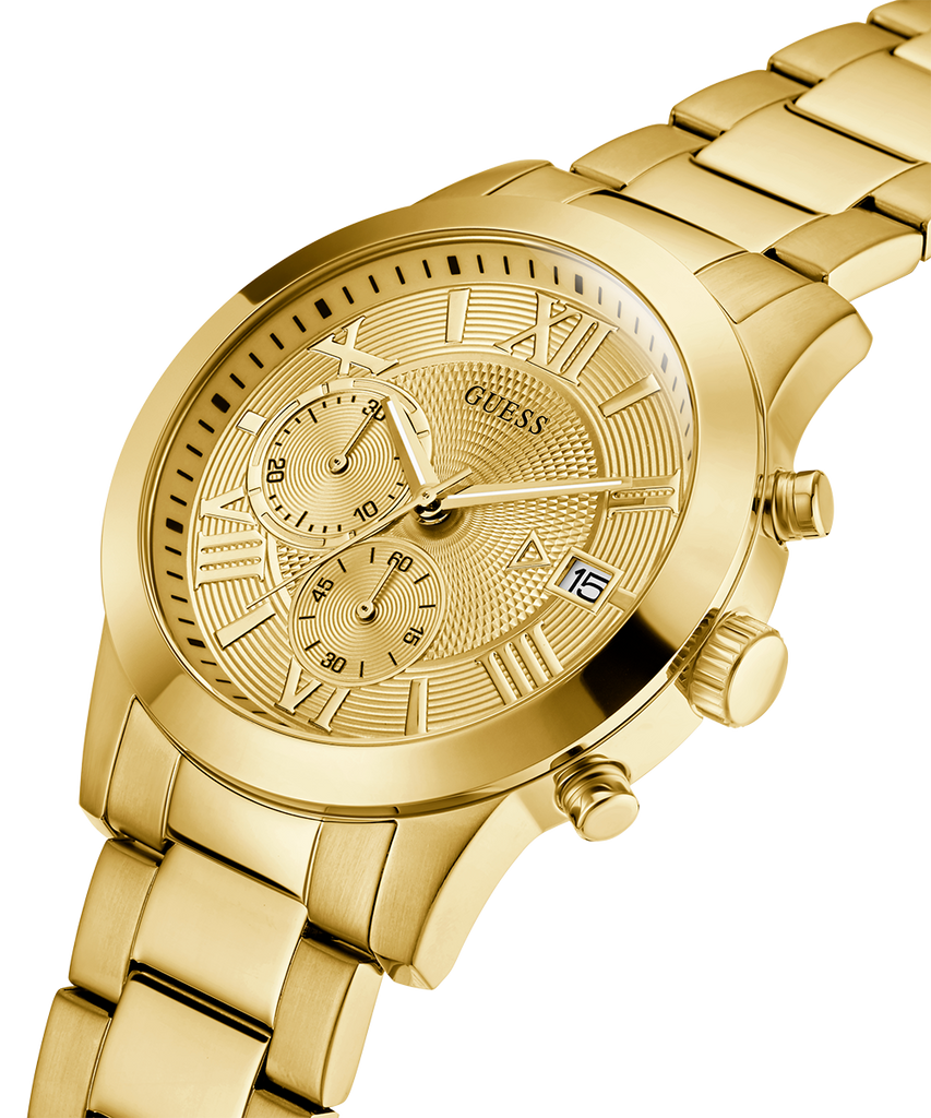Guess Atlas Chronograph Gold Dial Gold Steel Strap Watch For Men - W0668G4