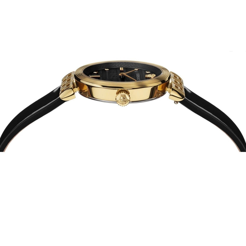 Versace Greca Meander Black Dial Black Leather Strap Watch for Women - VELW00420