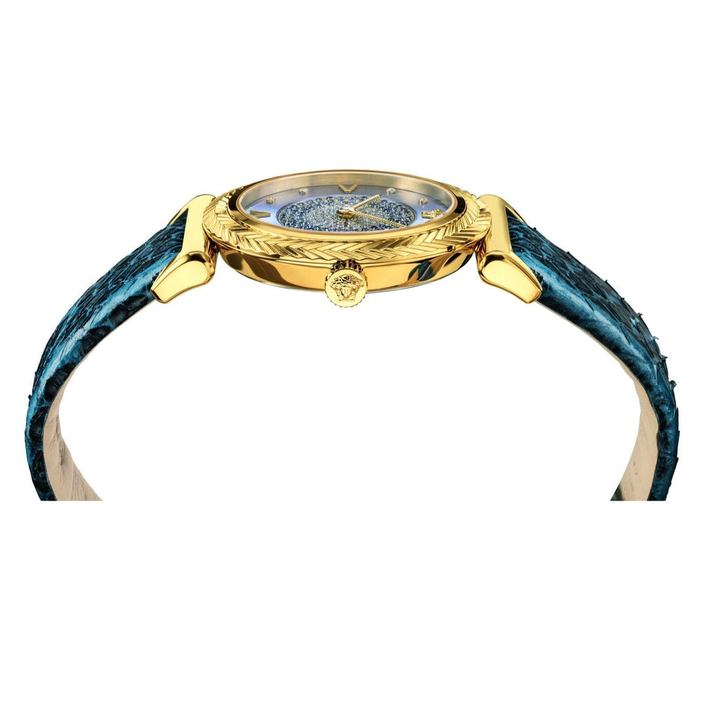 Versace V-Motif Vintage Logo Diamonds Blue Dial Blue Leather Strap Watch for Women - VERE01018