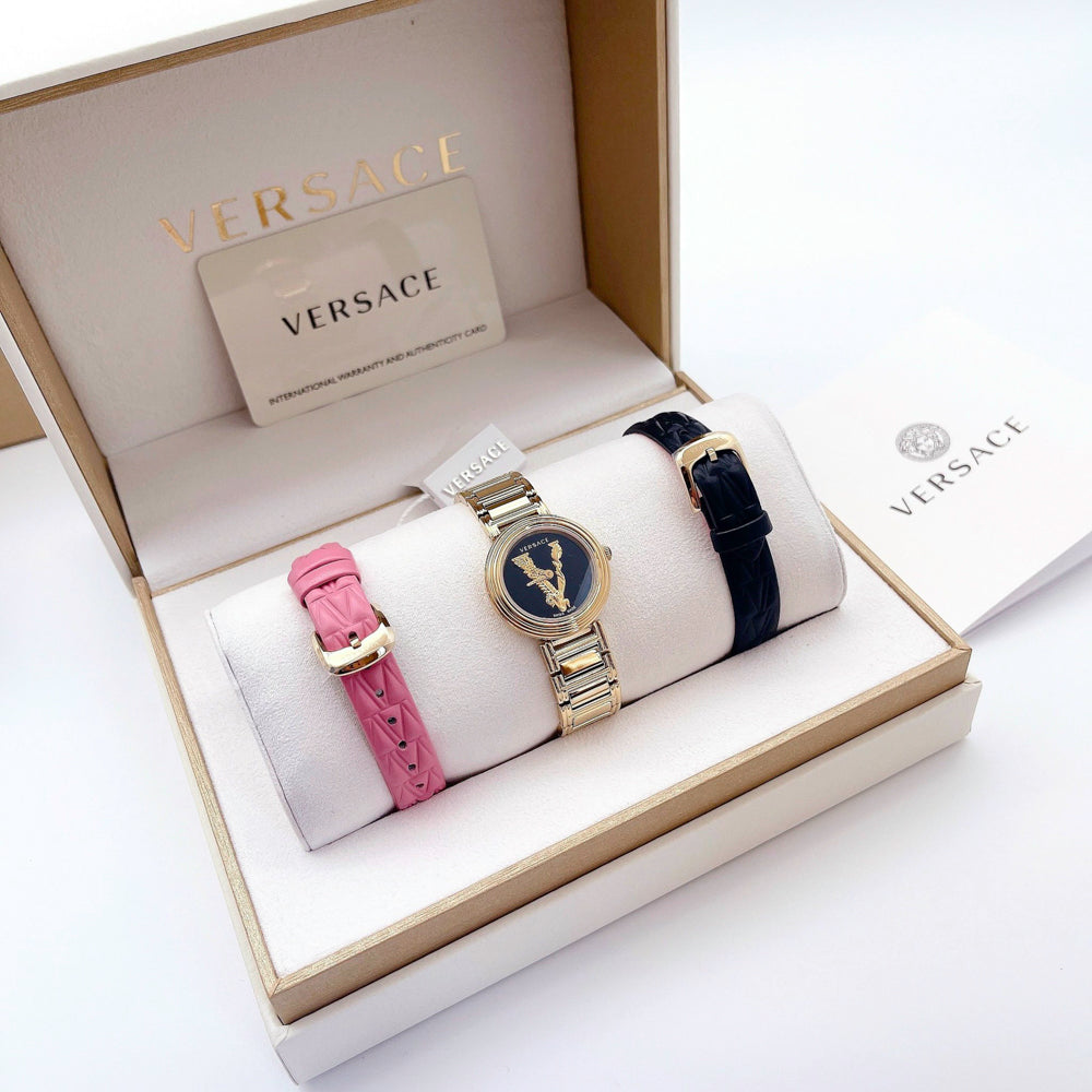 Versace V Virtus Quartz Black Dial Gold Steel Strap Watch For Women - VET300121