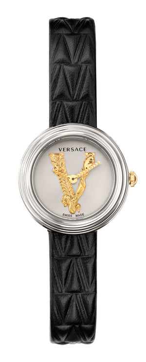 Versace Virtus Quartz White Dial Black Leather Strap Watch For Women - VET300421