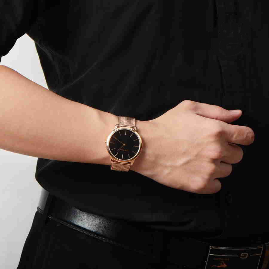 Calvin Klein Minimal Black Dial Rose Gold Mesh Bracelet Watch for Men - K3M2162Y