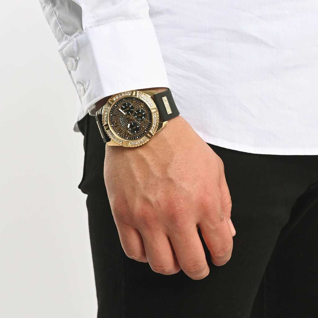 Guess Frontier Crystals Black Dial Black Silicone Strap Watch For Men - W1132G1