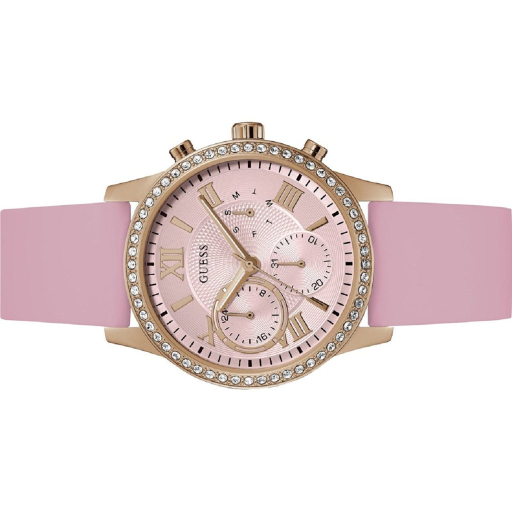 Guess Solar Rose Gold Dial Pink Rubber Strap Watch For Women - W1135L2
