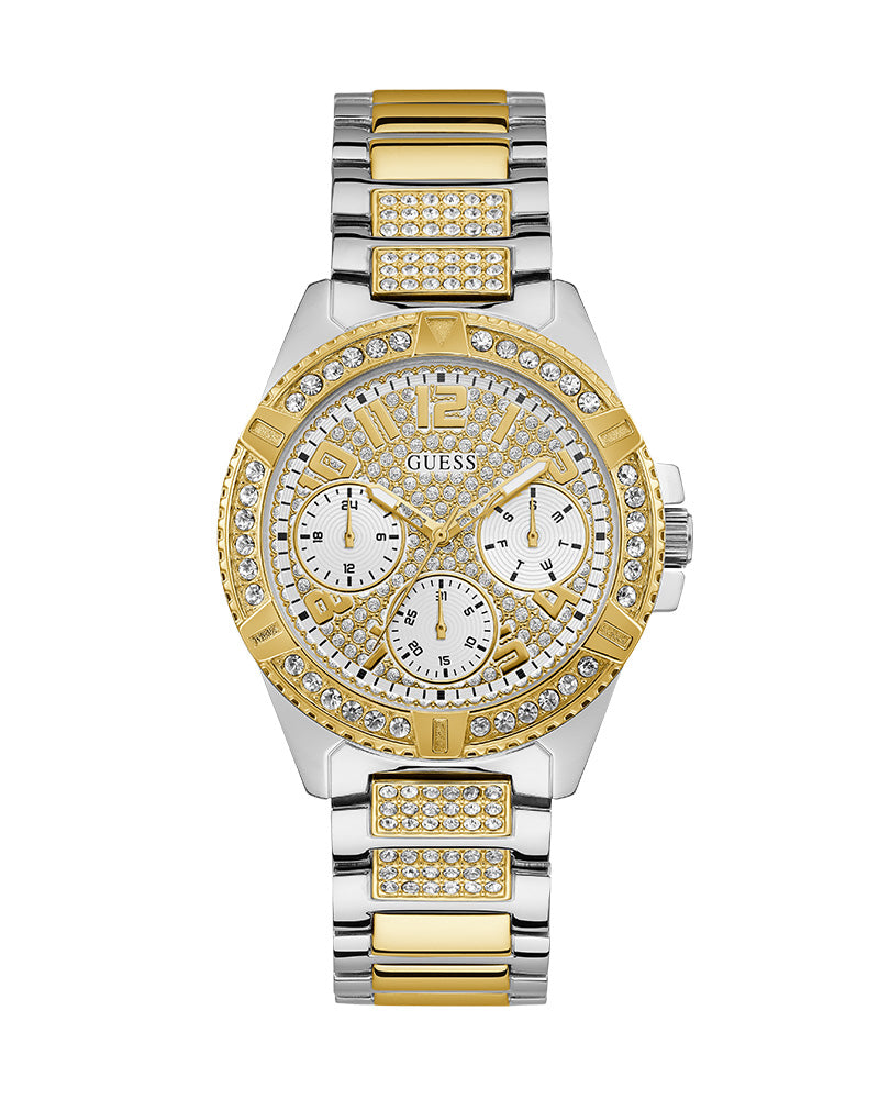Guess Frontier Chronograph Crystals Gold Dial Two Tone Steel Strap Watch For Women - W1156L5