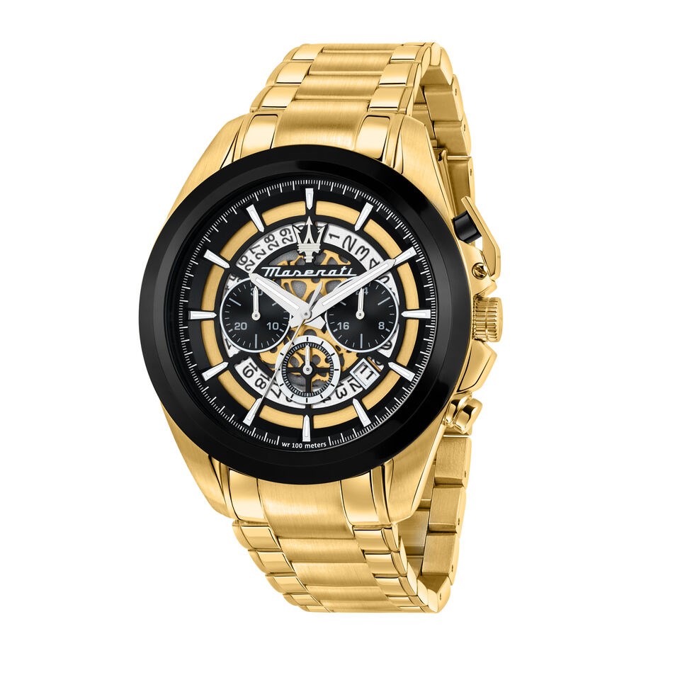 Maserati Traguardo Skeleton Black Dial Gold Steel Strap Watch For Men - R8873612058