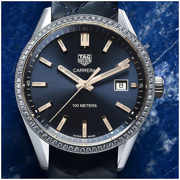 Tag Heuer Carrera Quartz Diamonds Blue Dial Blue Leather Strap Watch for Women - WAR1114.FC6391