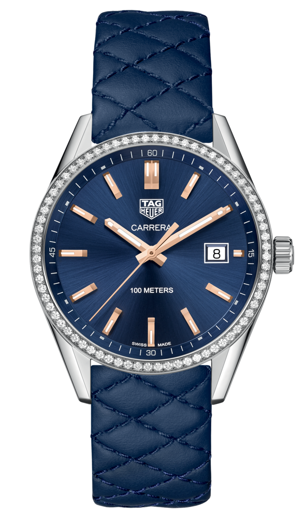 Tag Heuer Carrera Quartz Diamonds Blue Dial Blue Leather Strap Watch for Women - WAR1114.FC6391