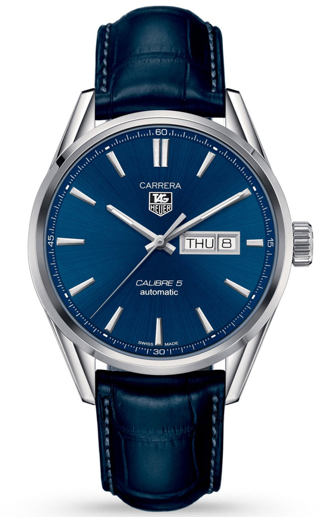 Tag Heuer Carrera Calibre 5 Automatic Blue Dial Blue Leather Strap Watch for Men - WAR201E.FC6292