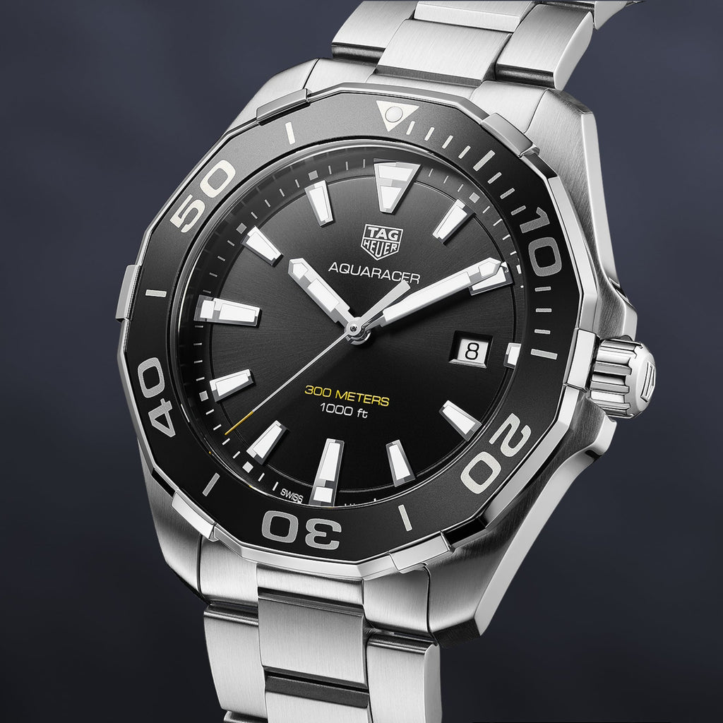 Tag Heuer Aquaracer Quartz Black Dial Silver Steel Strap Watch for Men - WAY101A.BA0746