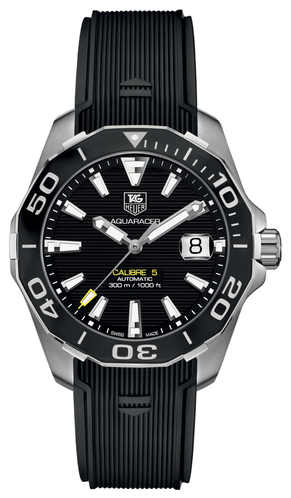 Tag Heuer Aquaracer Calibre 5 Automatic Black Dial Black Rubber Strap Watch for Men - WAY211A.FT6151