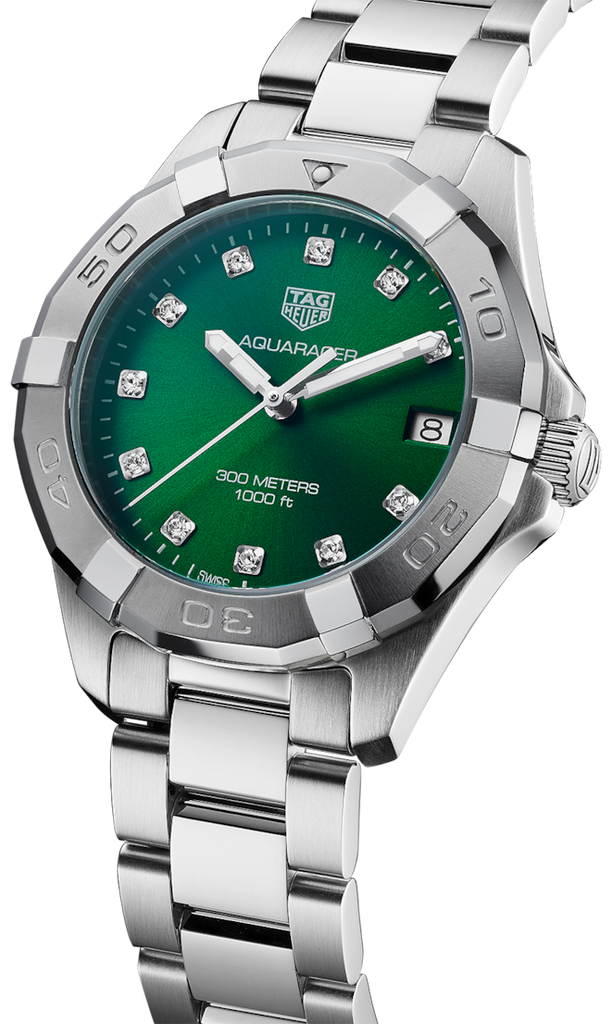 Tag Heuer Aquaracer Diamonds Emerald Green Dial Silver Steel Strap Watch for Women - WBD1316.BA0740