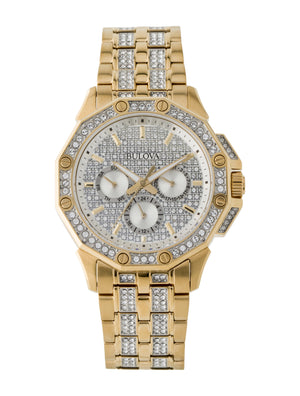 Bulova Crystal Collection Octova White Dial Gold Steel Strap Watch for Men - 98C126