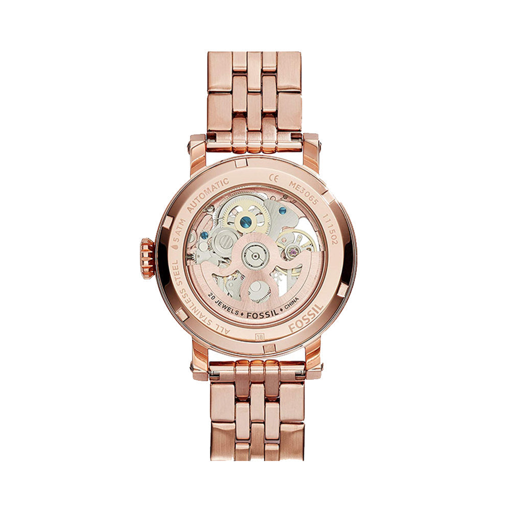 Fossil Boyfriend Automatic Skeleton Rose Gold Dial Rose Gold Steel Strap Watch for Women - ME3065