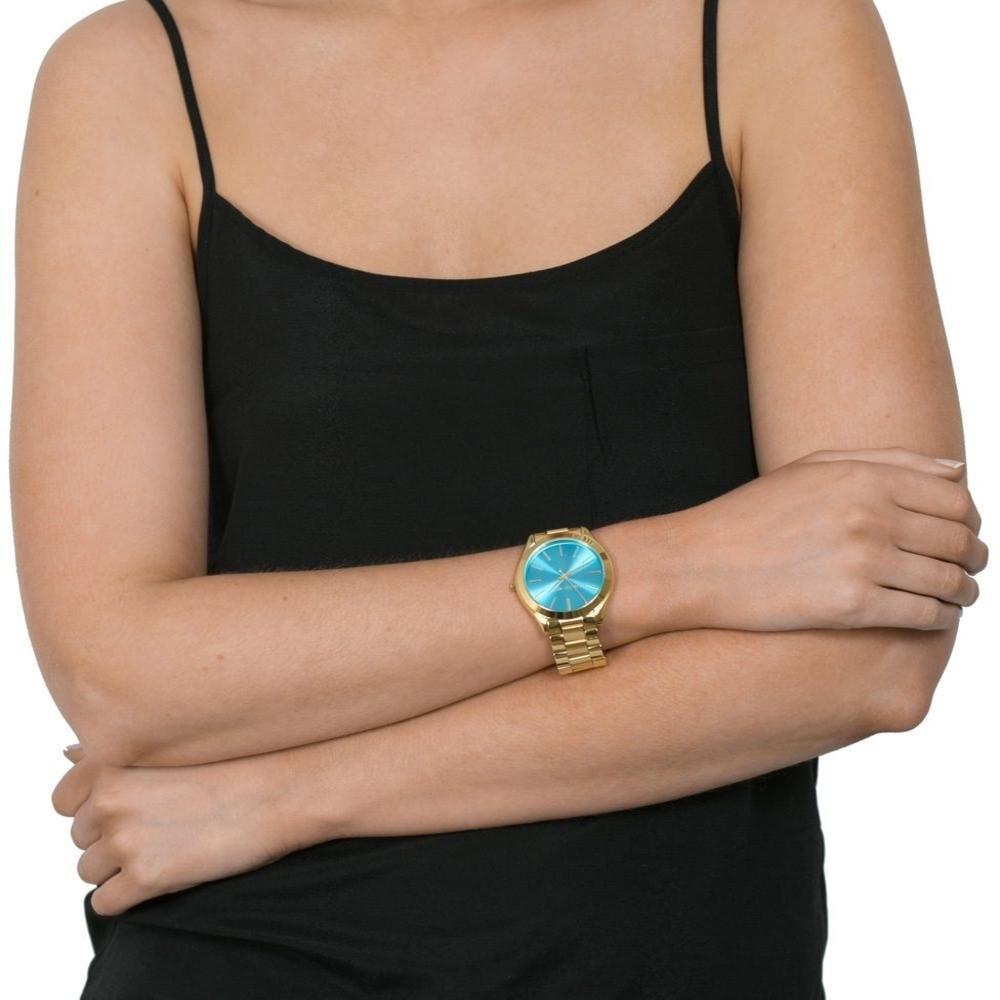 Michael Kors Slim Runway Blue Dial Gold Steel Strap Watch for Women - MK3265