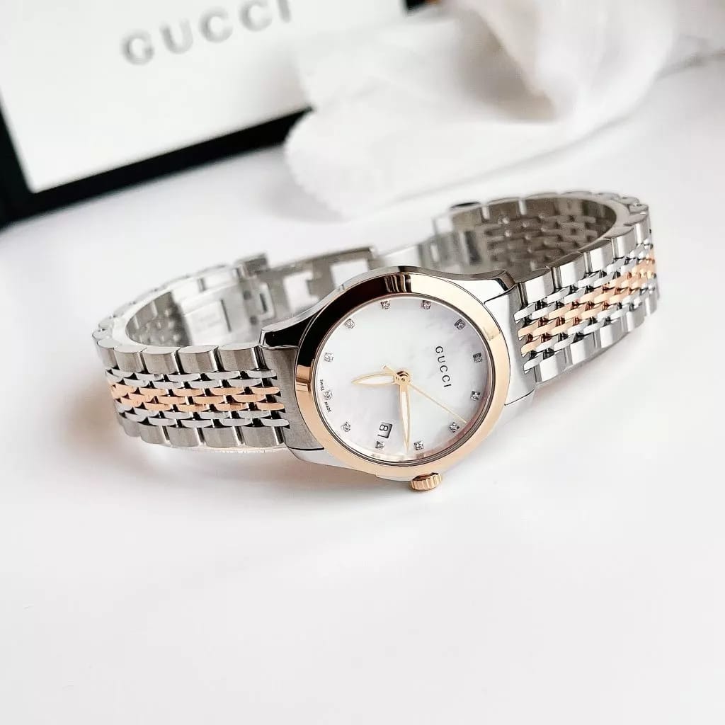 Gucci G Timeless Diamonds Mother of Pearl Dial Two Tone Mesh Bracelet Watch for Women - YA126513