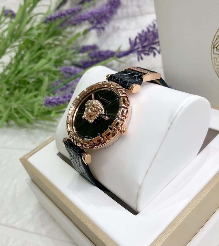 Versace Palazzo Empire Greca Black Dial Black Leather Strap Watch for Women - VEDV00719