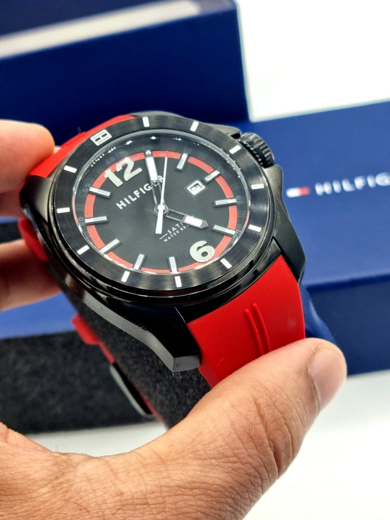Tommy Hilfiger Windsurf Black Dial Red Rubber Strap Watch for Men - 1791112
